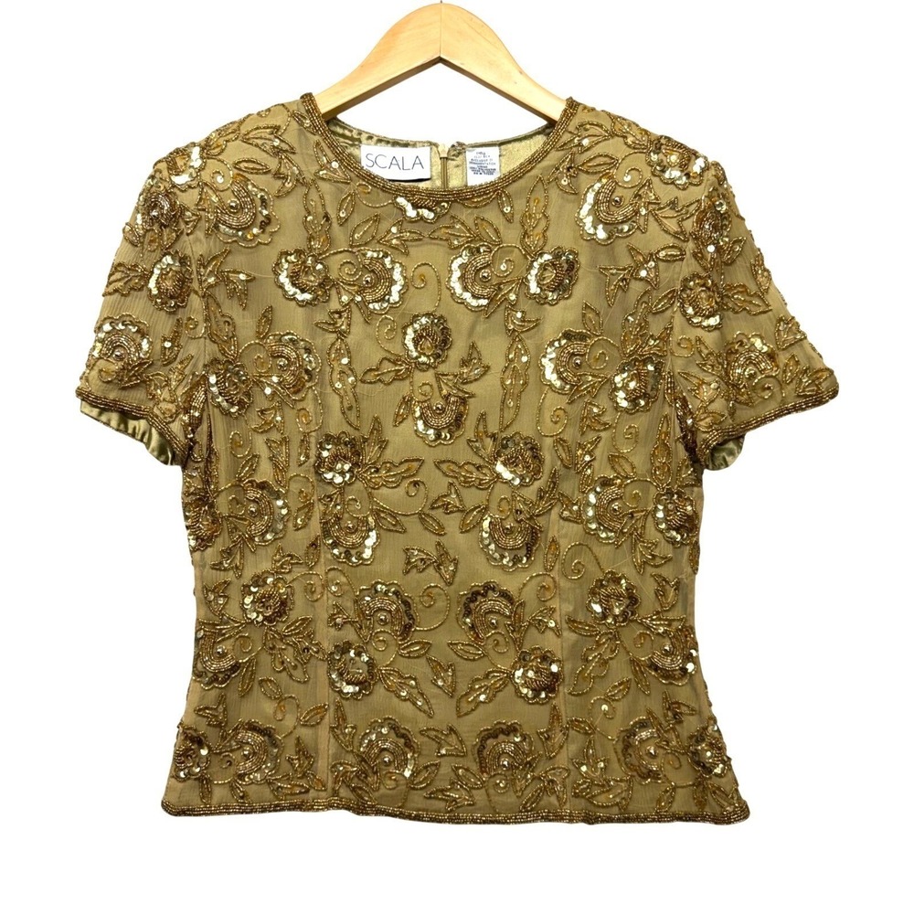 Scala Vintage Gold Silk Beaded Sequin Floral Blouse Evening Top Short Sleeve S